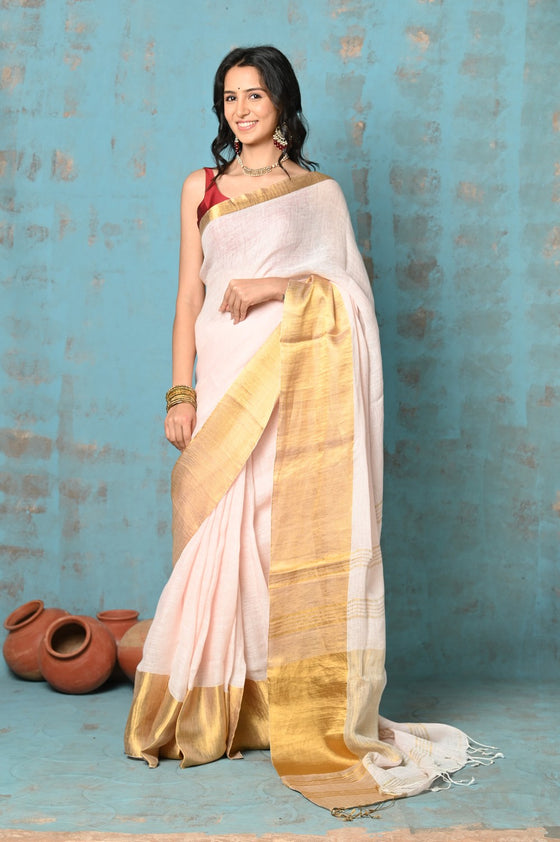 Tyohaar ~ Handloom Pure Organic Linen Saree With Golden Border - Baby Pink (High Quality Linen)