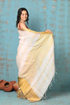 Tyohaar ~ Handloom Pure Organic Linen Saree With Golden Border - Baby Pink (High Quality Linen)