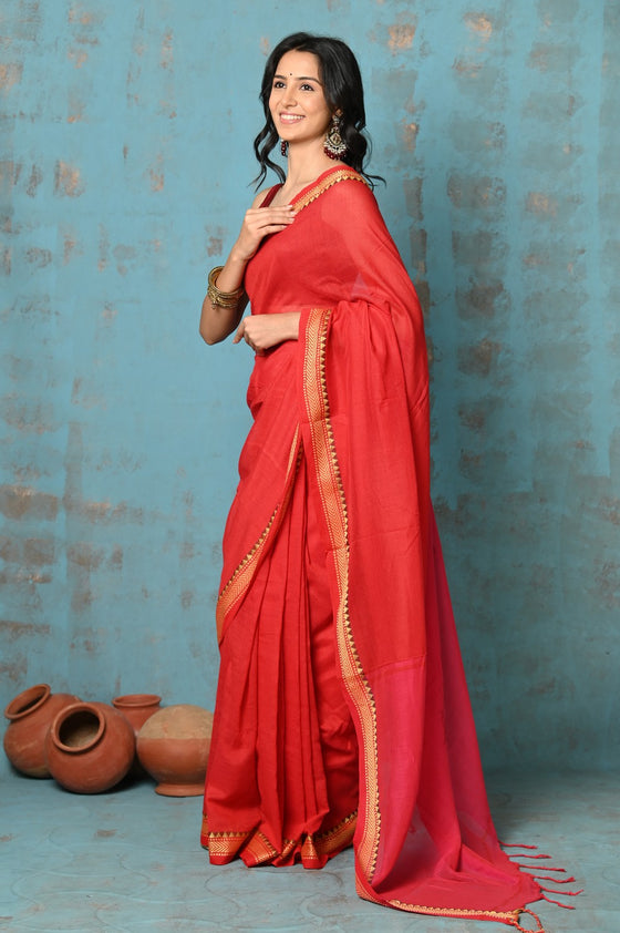 Tyohaar ~ Pure Mul Cotton Handloom Saree - Red