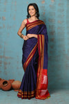 Tyohaar ~ Traditional Handloom Royal Blue Ilkal Cotton Viscose with Red Pure Silk Pallu