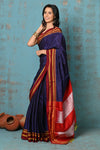 Tyohaar ~ Traditional Handloom Royal Blue Ilkal Cotton Viscose with Red Pure Silk Pallu