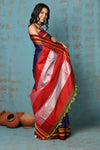 Tyohaar ~ Traditional Handloom Royal Blue Ilkal Cotton Viscose with Red Pure Silk Pallu