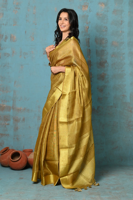 Tyohaar ~ Pure Handwoven Organic Tissue Linen Saree - Shimmery Gold