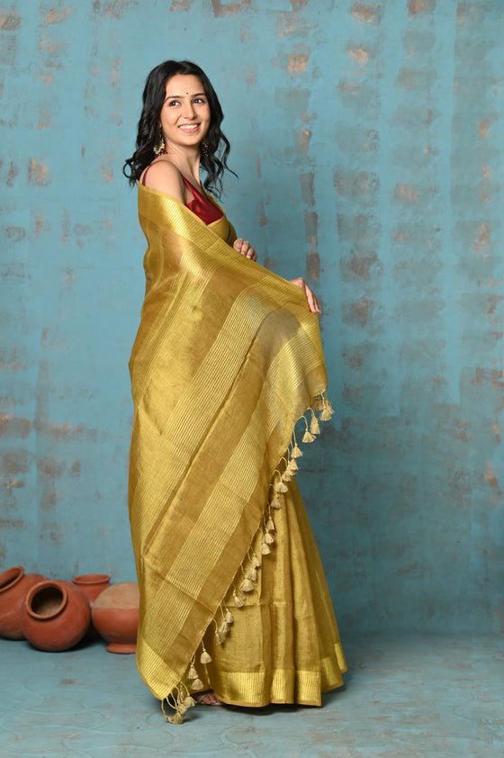 Tyohaar ~ Pure Handwoven Organic Tissue Linen Saree - Shimmery Gold