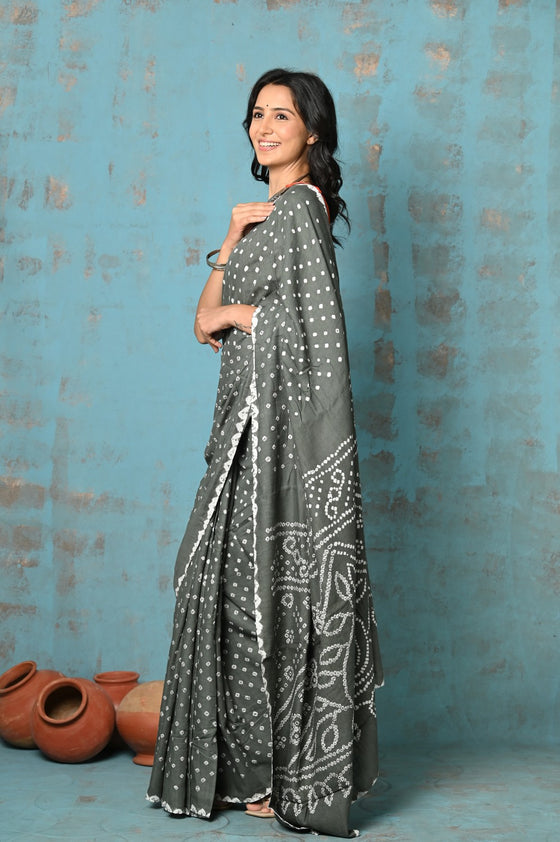 Tyohaar ~ Pure Cotton Grey Handmade Barik(Tiny) Bandhani Saree