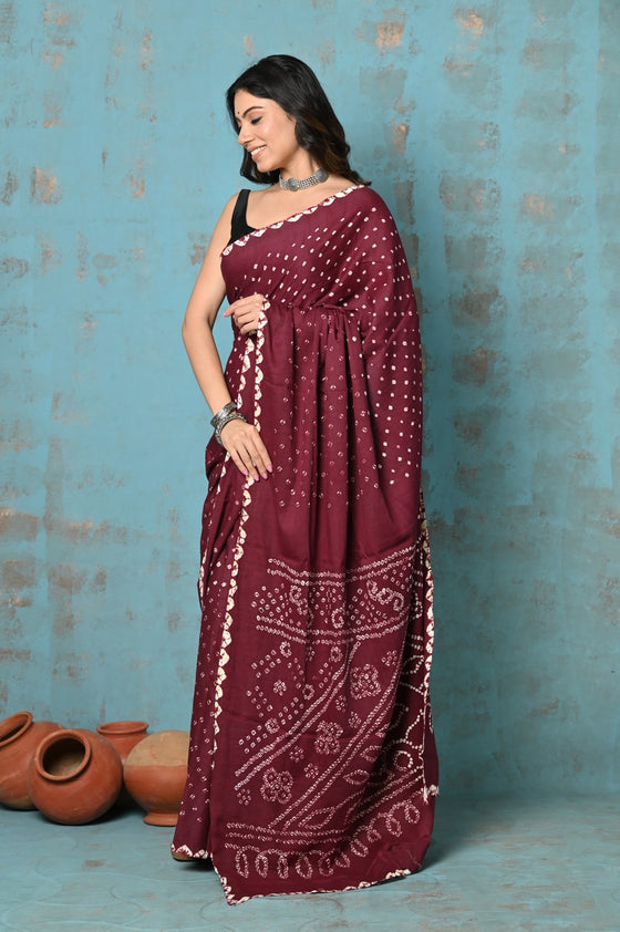 Tyohaar ~ Pure Cotton Maroon Handmade Barik(Tiny) Bandhani Saree