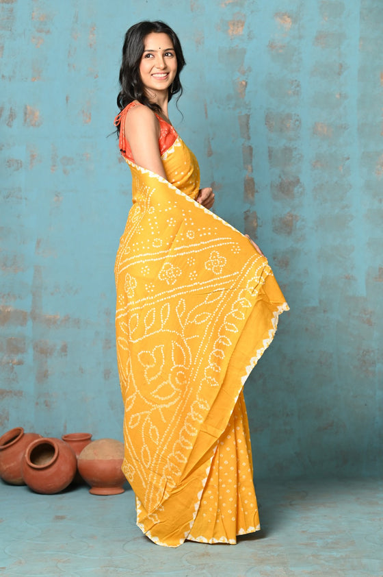 Tyohaar ~ Pure Cotton Yellow Handmade Barik(Tiny) Bandhani Saree