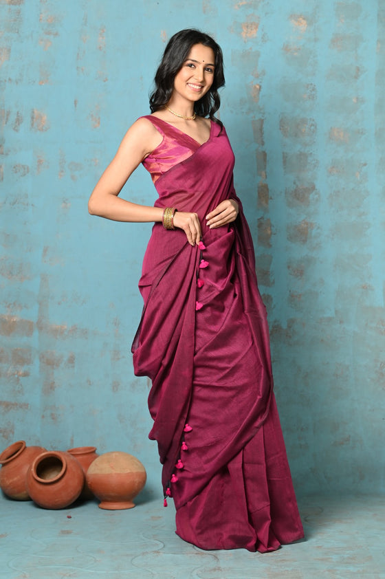 Tyohaar ~ Mul Cotton Khadi Design Handloom Woven Saree - Magenta