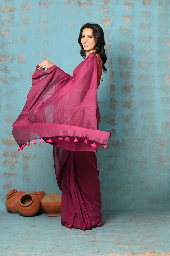 Tyohaar ~ Mul Cotton Khadi Design Handloom Woven Saree - Magenta