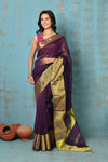 Tyohaar ~ Handloom Pure Cotton Linen Saree With Golden Border - Purple