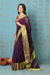 Tyohaar ~ Handloom Pure Cotton Linen Saree With Golden Border - Purple