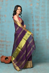 Tyohaar ~ Handloom Pure Cotton Linen Saree With Golden Border - Purple