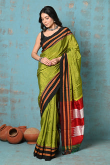  Tyohaar ~ Traditional Handloom Dual Tone Green Ilkal Cotton Viscose with Red Pallu