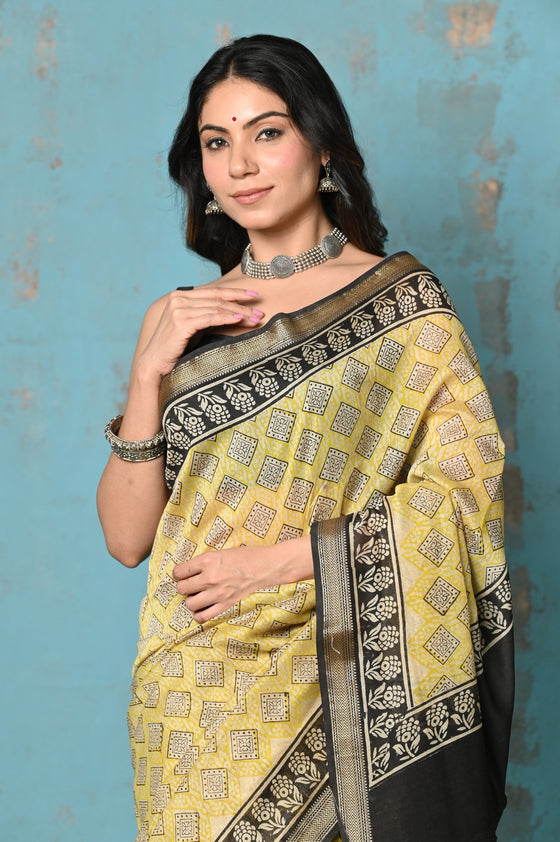 Tyohaar ~ Chanderi Cotton Natural Dye Handblock Printed Saree - Yellow