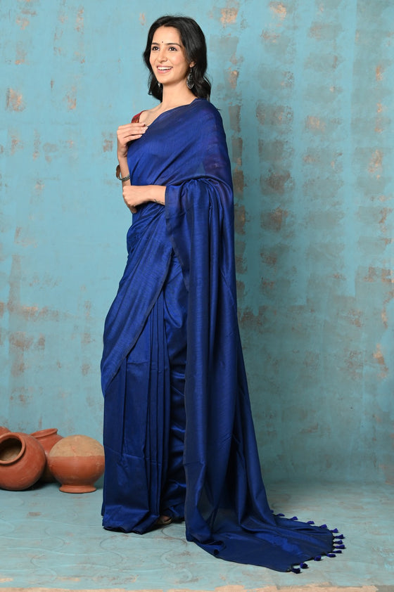 Tyohaar ~ Mul Cotton Khadi Design Handloom Woven Saree - Navy Blue