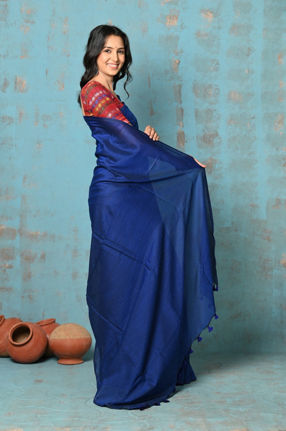 Tyohaar ~ Mul Cotton Khadi Design Handloom Woven Saree - Navy Blue