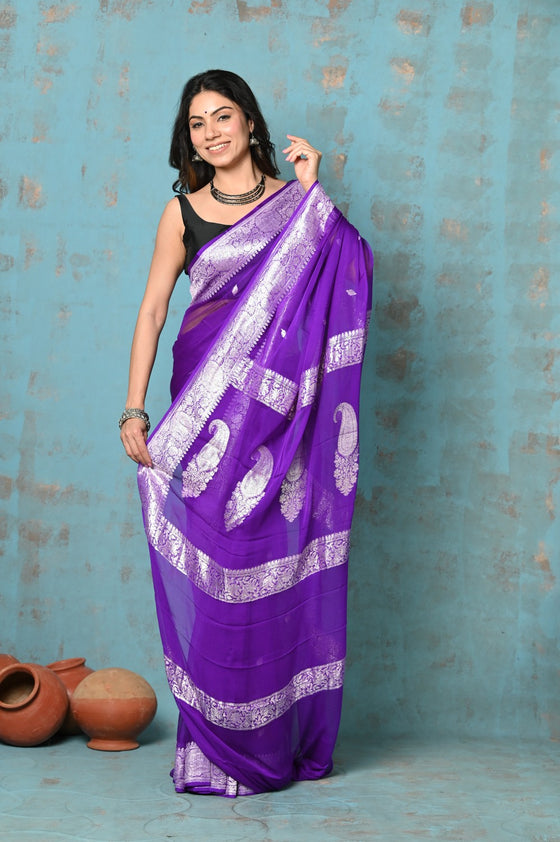 Suhaani ~ Handloom Khaddi Georgette Saree With Sleek Border ~ Purple (Silk Mark)