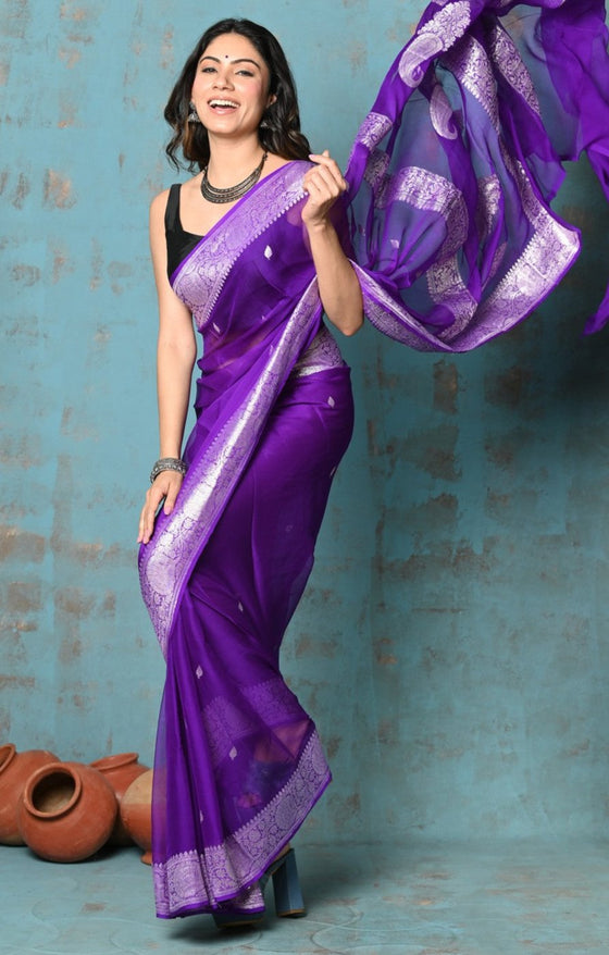 Suhaani ~ Handloom Khaddi Georgette Saree With Sleek Border ~ Purple (Silk Mark)