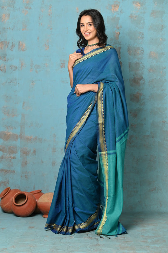 Tyohaar ~ Pure Mul Cotton Handloom Saree - Teal Blue