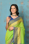 Tyohaar ~ Handloom Soft Cotton Lime Green Weave with Blue Temple Border