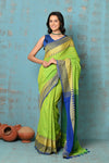 Tyohaar ~ Handloom Soft Cotton Lime Green Weave with Blue Temple Border