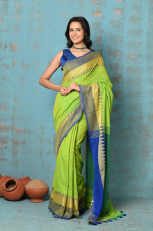  Tyohaar ~ Handloom Soft Cotton Lime Green Weave with Blue Temple Border