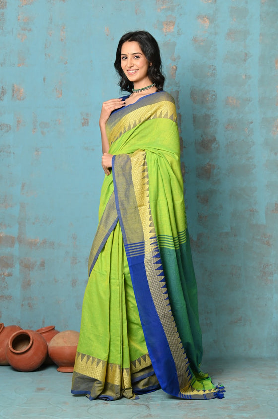 Tyohaar ~ Handloom Soft Cotton Lime Green Weave with Blue Temple Border