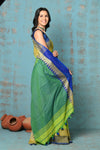 Tyohaar ~ Handloom Soft Cotton Lime Green Weave with Blue Temple Border