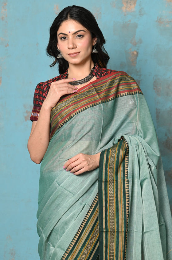 Tyohaar ~ Cotton Saree With Ganga Jamuna Border - Sea Green