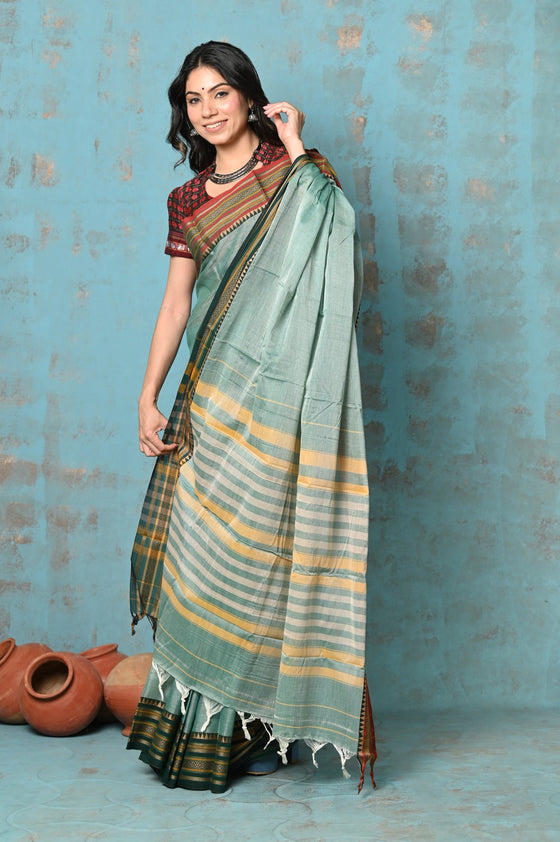 Tyohaar ~ Cotton Saree With Ganga Jamuna Border - Sea Green