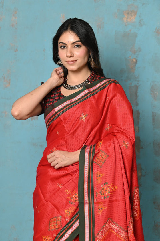 Tyohaar ~ Traditional Khun - Cotton Resham Authentic Handwoven Saree (Deep Red Weave with Kashida work)