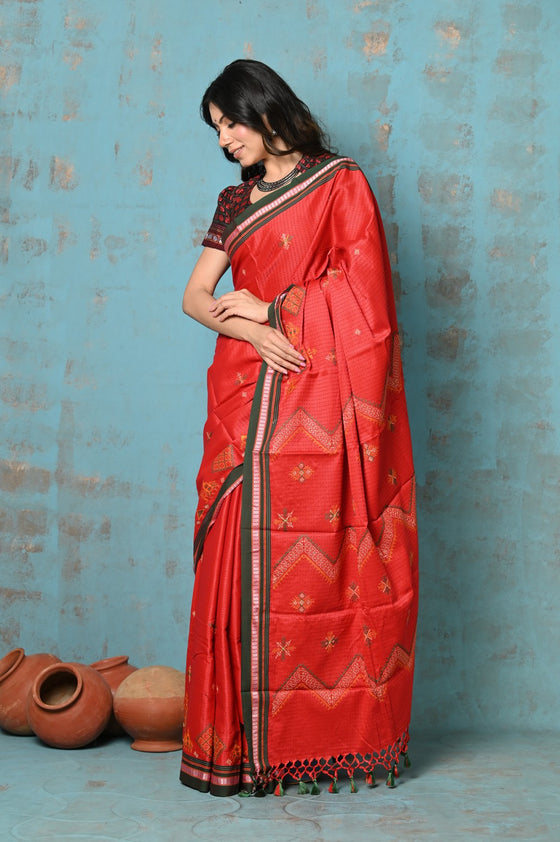 Tyohaar ~ Traditional Khun - Cotton Resham Authentic Handwoven Saree (Deep Red Weave with Kashida work)