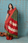 Tyohaar ~ Traditional Handloom Dual Tone Green Red Ilkal Cotton Viscose with Red Pure Silk Pallu