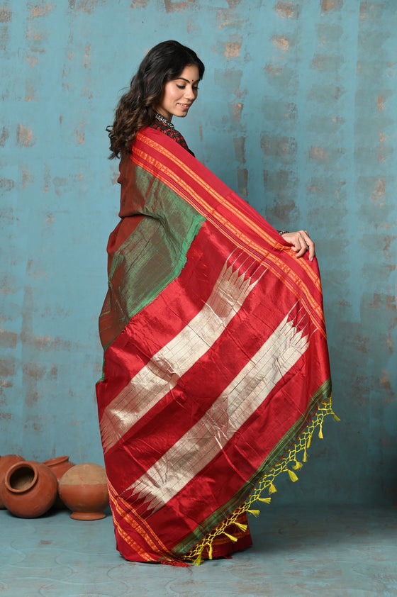 Tyohaar ~ Traditional Handloom Dual Tone Green Red Ilkal Cotton Viscose with Red Pure Silk Pallu