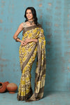 Handloom Modal Silk Saree With Ajrakh Handblock Print With Eco-Friendly Vegetable Dye ~ Yellow