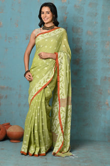  Tyohaar ~ Pure Cotton Jamdhani Natural Dye Handblock Printed Saree - Lime Green