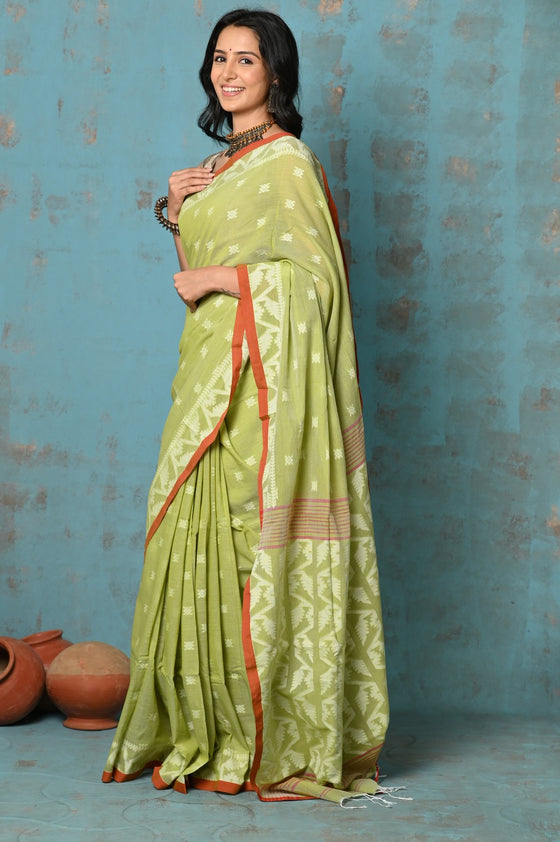 Tyohaar ~ Pure Cotton Jamdhani Natural Dye Handblock Printed Saree - Lime Green