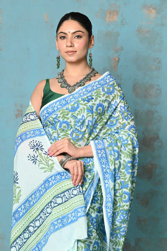 Tyohaar ~ Handblock Printed Cotton Saree With Natural Dyes - White