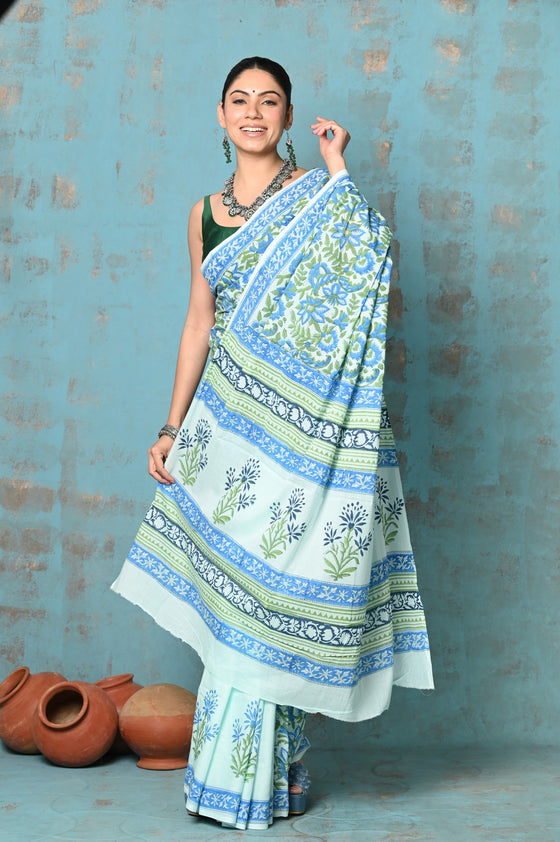 Tyohaar ~ Handblock Printed Cotton Saree With Natural Dyes - White