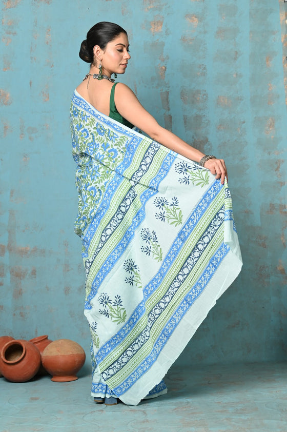 Tyohaar ~ Handblock Printed Cotton Saree With Natural Dyes - White