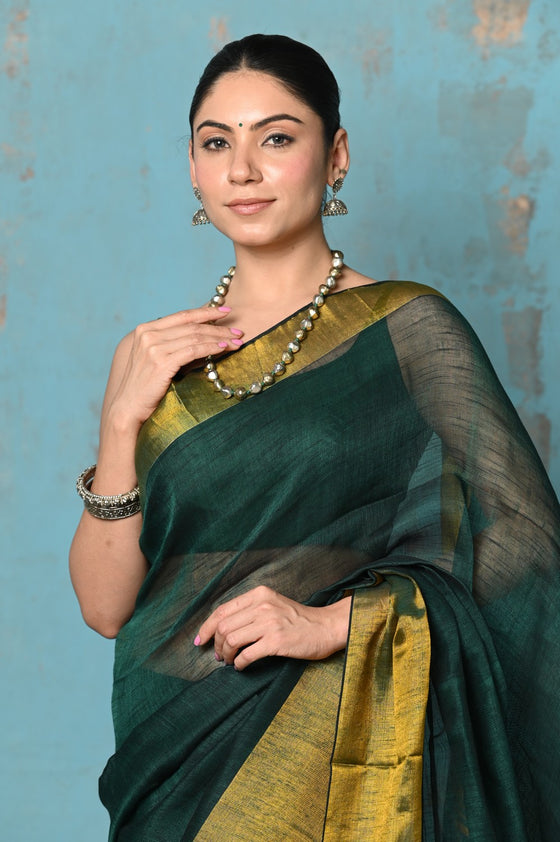 Tyohaar ~ Handloom Pure Cotton Linen Saree With Golden Border - Dark Green