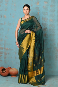  Tyohaar ~ Handloom Pure Cotton Linen Saree With Golden Border - Dark Green