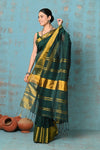 Tyohaar ~ Handloom Pure Cotton Linen Saree With Golden Border - Dark Green