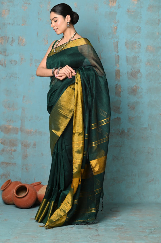 Tyohaar ~ Handloom Pure Cotton Linen Saree With Golden Border - Dark Green