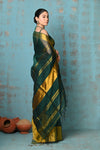 Tyohaar ~ Handloom Pure Cotton Linen Saree With Golden Border - Dark Green