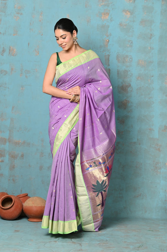 Tyohaar ~ Exclusive! Handloom Pure Cotton Paithani in Most Traditional Lilac with Pichwai Pallu