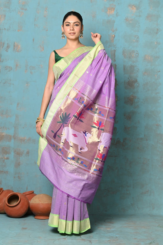 Tyohaar ~ Exclusive! Handloom Pure Cotton Paithani in Most Traditional Lilac with Pichwai Pallu