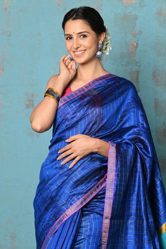 Tyohaar ~ Designed By VMI~ Handloom Pure Tussar Silk Saree With Sleek Border~ Marine Blue