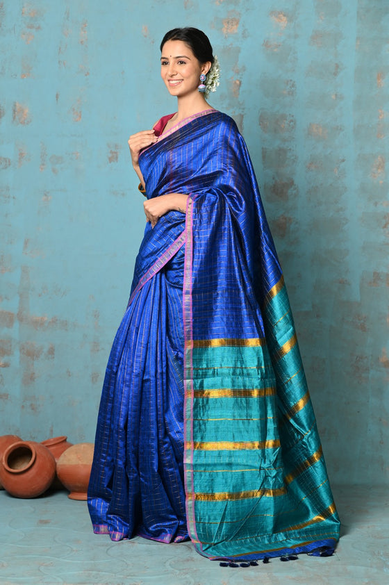 Tyohaar ~ Designed By VMI~ Handloom Pure Tussar Silk Saree With Sleek Border~ Marine Blue