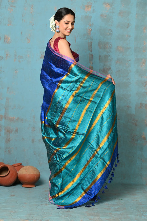 Tyohaar ~ Designed By VMI~ Handloom Pure Tussar Silk Saree With Sleek Border~ Marine Blue